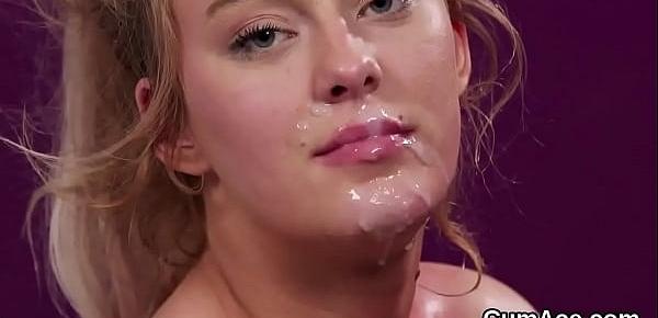  Naughty stunner gets sperm load on her face eating all the cream